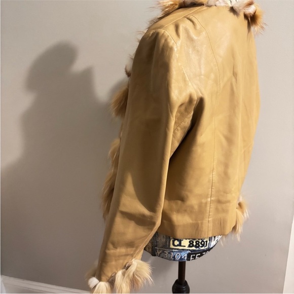 Cache Vintage Leather Jacket Rabbit Fur Trim Tan Cream Size Large - Picture 4 of 12